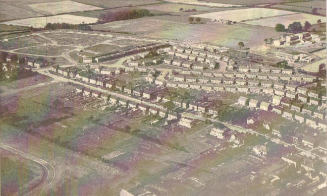 An aerial view from 1954. Running from left to right is Burringham Road, Priory Lane's Sunnyside Estate which had been newly complete can be seen. To the upper right the roads are laid out for the Manor Farm Estate and to the lower left Asterby Road (minus any houses) can be seen. The plot of land where The Beacon Hotel was built can be seen at the junction of Burringham Road and Willoughby Road and in the distance the fields where Westcliff was later built.