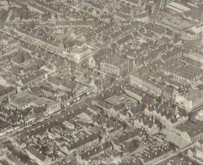 An aerial view over Scunthorpe Town Centre in the late 1950's